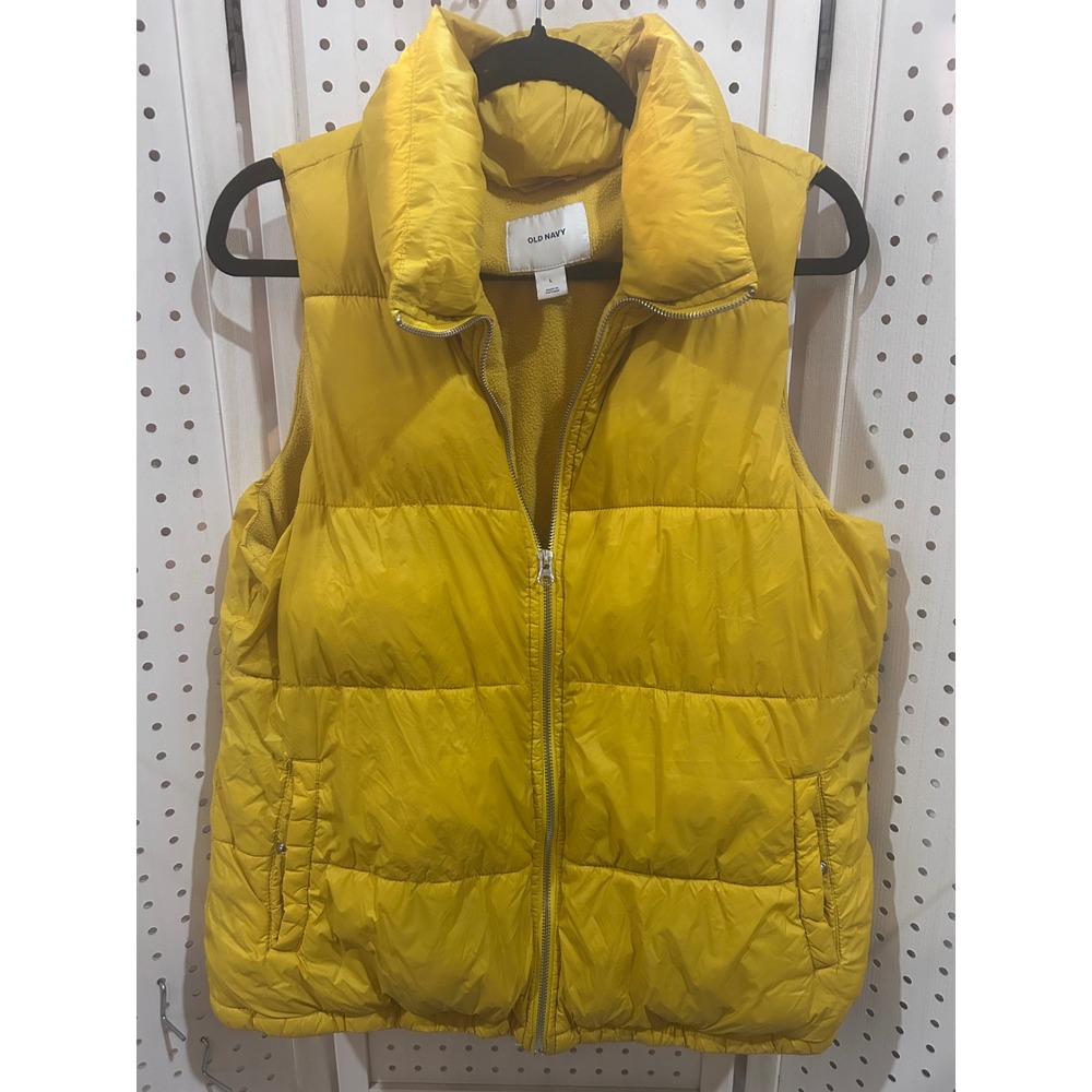 Old Navy Puffer Vest Yellow Fleece Lined Full Zip Pockets Size L